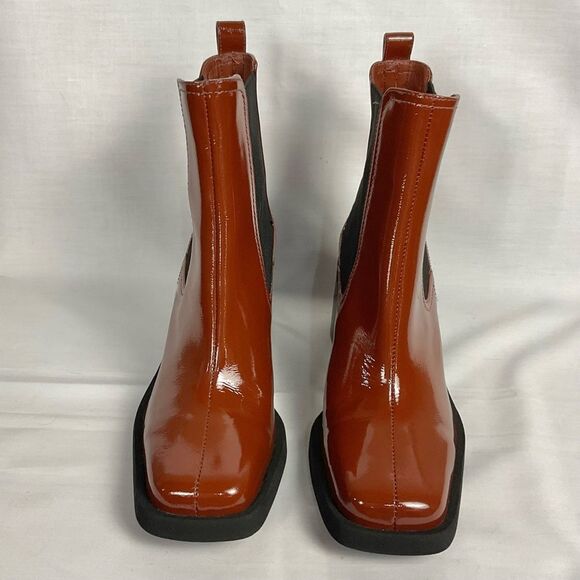 Gianni Bini Brown Booties Banks Crinkle Patent Square Toe Sz 7.5 NEW Double Gore - Picture 2 of 9